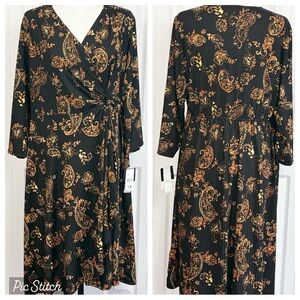 NWT Signature by Robbie Bee Black & Gold Print Faux Wrap Dress 1X